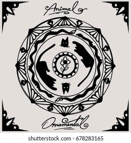 Animal circular ornament illustration . Wall decoration and tattoo sketch.  
