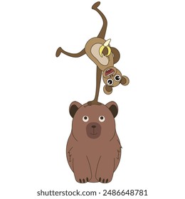 In: Animal Circus Concept. Nette Capybara und funky Monkey. Humor Design für Kinder T-Shirt Print. Einfache flache Vektorillustration. Bearbeitbarer Strich. EPS 10