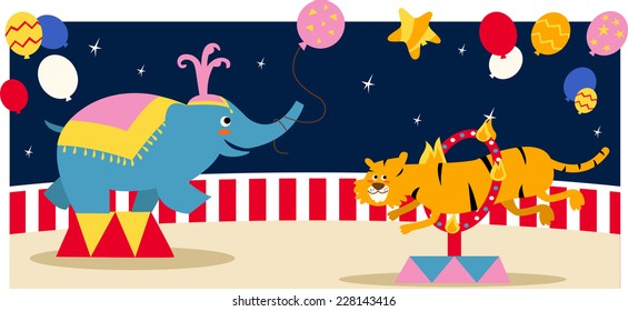 Animal Circus Show Number vector illustration. With happy elephant and tiger jumping through the ring, with balloons and stars vector illustration.