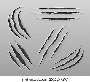 Animal claw scratch mark. Paper slash rip made by tiger, lion or bear. Realistic 3d vector illustration set of panther or wolf paw tear and brake grey surface. Scary monster scrape trail texture.