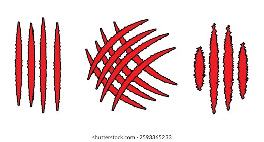 Animal claw scratch mark. Paper slash rip made by tiger, lion or bear. Traces of claw scratches. set of panther or wolf paw tear and brake grey surface. Scary monster scrape trail texture. EPS 10