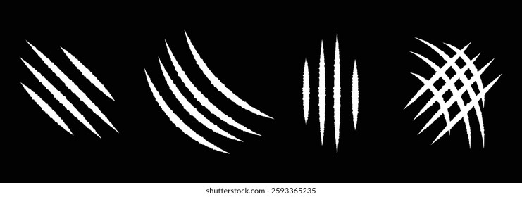 Animal claw scratch mark. Paper slash rip made by tiger, lion or bear. Traces of claw scratches. set of panther or wolf paw tear and brake grey surface. Scary monster scrape trail texture. EPS 10