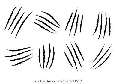 animal claw scratch marks on white background. Cat tiger paw shape scratches signs. animal claw scratches mark set. scar or scratch icons for wilderness, animal attack, wild animal, warning.
