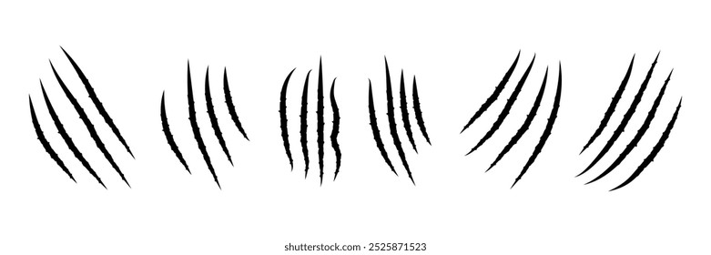animal claw scratch marks on white background. Cat tiger paw shape scratches signs. animal claw scratches mark set. scar or scratch icons for wilderness, animal attack, wild animal, warning.