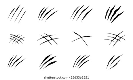 Animal claw scratch vector illustration. Set of animal scratches concept in silhouette isolated on white background. Cat, tiger, lion, dinosaur, wolf, bear.