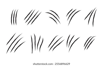 animal Claw scratches mark set. Cat tiger scratches paw shape. Intricate claw silhouettes, Cracks form animal claw scratches, wild beast paw marks with sharp fissures texture,