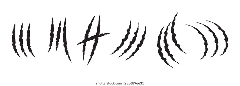 animal Claw scratches mark set. Cat tiger scratches paw shape. Intricate claw silhouettes, Cracks form animal claw scratches, wild beast paw marks with sharp fissures texture,