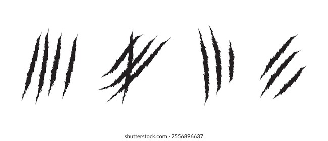 animal Claw scratches mark set. Cat tiger scratches paw shape. Intricate claw silhouettes, Cracks form animal claw scratches, wild beast paw marks with sharp fissures texture,