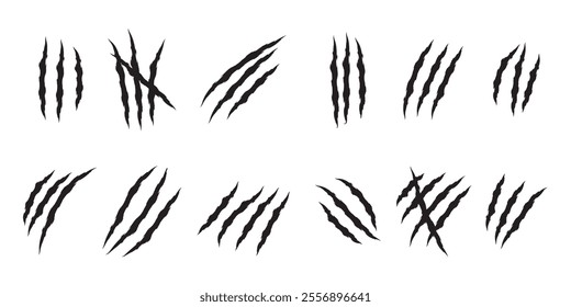 animal Claw scratches mark set. Cat tiger scratches paw shape. Intricate claw silhouettes, Cracks form animal claw scratches, wild beast paw marks with sharp fissures texture,