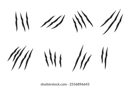 animal Claw scratches mark set. Cat tiger scratches paw shape. Intricate claw silhouettes, Cracks form animal claw scratches, wild beast paw marks with sharp fissures texture,