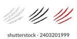 Animal claw scratches and marks. Set. Black and red bloody silhouettes and outline. Icon, flat. Vector isolated on white background. Scratches from a cat, tiger, lion, dog, jaguar, bear, puma, leopard