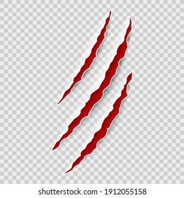 Animal Claw Tracks. Claws Cat Or Tiger, Bear Or Lion Attack Nails Scratches, Halloween Monster Laceration, Scratch With Blood, Vector Realistic Isolated On Transparent Background Single Illustration