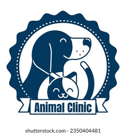 Animal clinic circle emblem with hugging dog and cat furry friends. Pet doctor veterinary house logo template in outline design.