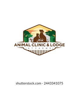 Animal clinic and lodge with dog and cat logo design with ladscape view