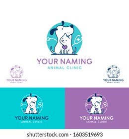 animal clinic logo with cartoon dog and kitten, stethoscope and heart symbol. color variants included.