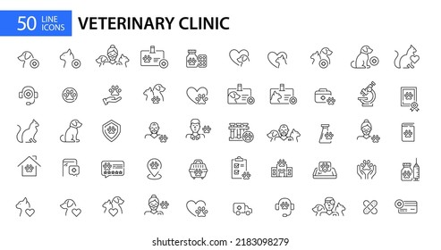 Animal clinic pet care veterinary hospital line art mega set. 50 Pixel perfect, editable stroke icon