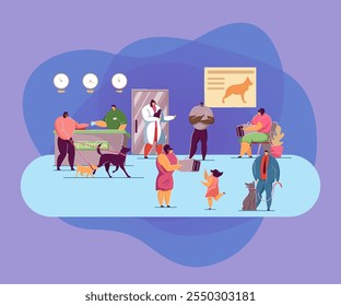 Animal clinic with pets and visitors flat vector illustration. Veterinary hospital interior with doctors and patients caring about dogs and cats. Animal, pets, medical care, veterinary concept