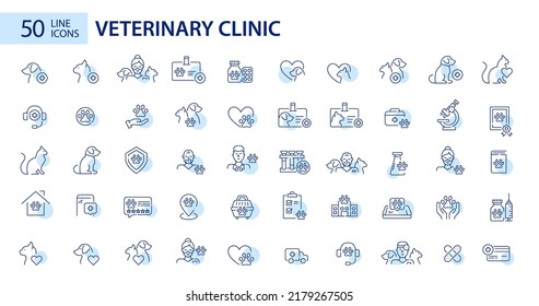Animal clinic veterinary hospital line art mega set. 50 Pixel perfect, editable stroke icon