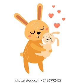Animal clipart. Happy Mothers day clipart. Mom and baby animals in cartoon flat style, perfect for scrapbooking, stickers, tags, greeting cards, invitations, posters. Hand drawn vector illustration.