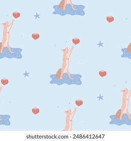 Animal in clouds concept. Children’s cute animal pattern. Cute squirrel reaching for a nut on a cloud pattern. Design for printing on fabrics. 