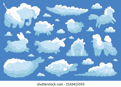 Icono de nubes de animales conjunto con el oso de perro conejito elefante en forma de nubes en la ilustración vectorial del cielo azul