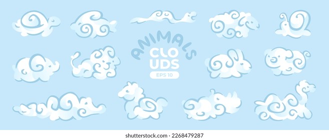 Animal clouds set isolated on a blue background. White silhouette. Cute funny cartoon design. Kid dreams. Signs and icons collection. Realistic elements. Greek culture. Flat style vector illustration.