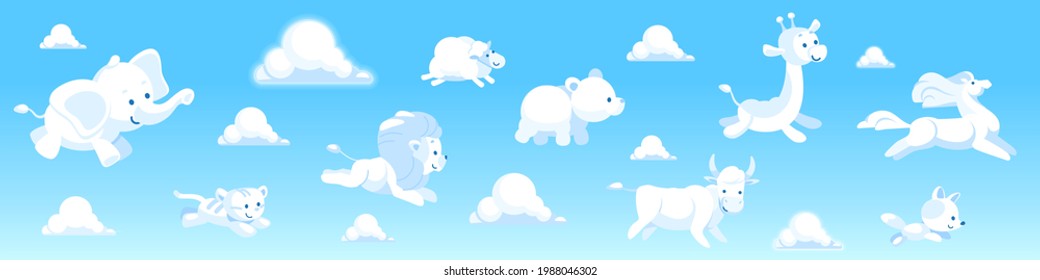 Animal clouds shape with giraffe, elephant, lion, sheep, bear, cow, horse, tiger, fox, turtle on the sky with birds. Cartoon vector illustration. Blue background with funny different clouds animal.