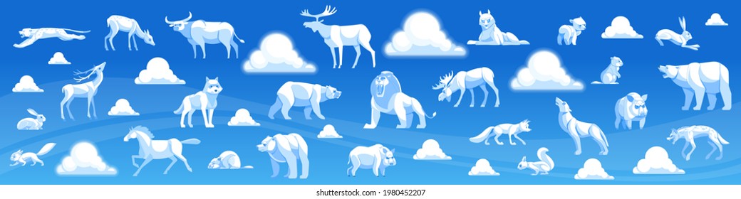 Animal clouds white shapes on blue background. Cartoon vector illustration. Animals squirrel, lion, bear, fox, hare, leopard, horse, bull, boar, elk, hyena, deer, beaver, moose, wolf.