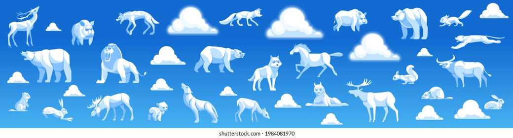 Animal clouds white shapes sweet dreams kid imagination Cartoon vector illustration. Animals squirrel, lion, bear, fox, hare, leopard, horse, bull, boar, elk, hyena, deer, beaver, moose, wolf.