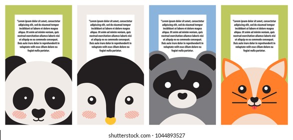 Animal collection, closeup faces, vector banner with panda bear, penguin and raccoon, cute fox, animal`s portraits set, illustration with text sample