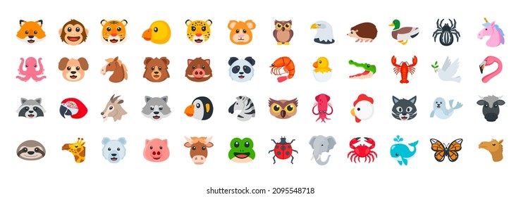 Animal Color Icon Set. Vector Animal Emoji Illustration Collection