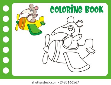 Animal Coloring Book for anteater on a Cute Plane with Examples. Preschool worksheets to practice fine color recognition skills