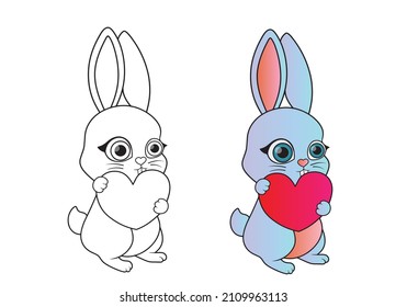 Animal coloring book, Bunny coloring book, Bunny vector illustration, Cute rabbit Valentine's day,Cartoon rabbit.