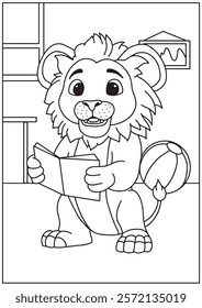 Animal coloring book curious lion cub engrossed in a book with a beach ball nearby