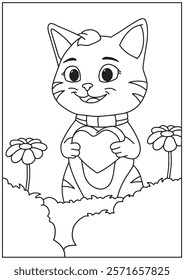 Animal coloring book cute cat standing with love and flower