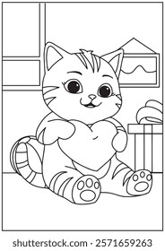 Animal coloring book cute cat sit in living room with hold love shape valentine celebrate 