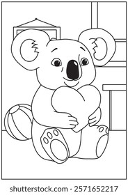 Animal coloring book koala bear holding a heart, perfect for children's coloring pages and Valentine's Day activitie