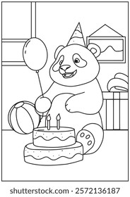 Animal coloring book panda cub celebrating a birthday with a party hat, a beach ball, and a delicious cake