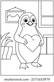 Animal coloring book penguin holding a heart, perfect for children's coloring pages and Valentine's Day activities