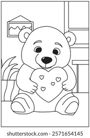 Animal coloring book teddy bear holding a heart-shaped cookie, perfect for children's coloring pages and Valentine's Day activities