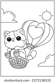 Animal coloring book  whimsical kitten taking a romantic hot air balloon ride