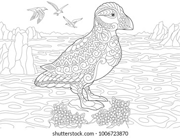 Animal Coloring Page. Adult Coloring Book. Puffin, a hole-nesting auk (sea bird) of northern and Arctic waters. Antistress freehand sketch drawing with doodle and zentangle elements.