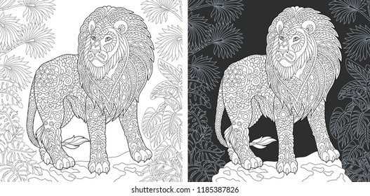 Animal. Coloring Page. Coloring Book. Colouring picture with lion drawn in zentangle style. Antistress freehand sketch drawing. Vector illustration.