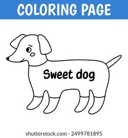 Animal coloring page, cute print with line dog. Printable worksheet with solution for school and preschool. Vector cartoon illustration.