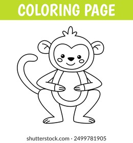 Animal coloring page, cute print with line monkey. Printable worksheet with solution for school and preschool. Vector cartoon illustration.