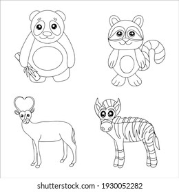 Animal coloring pages. Vector outline. Coloring book for adult and children. Panda, raccoon, antelope, zebra.