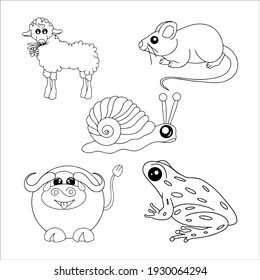 Animal coloring pages. Vector outline. Coloring book designs for adult and children. Sheep, mouse, buffalo, toad, snail