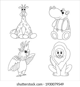 

Animal coloring pages. Vector outline. Coloring book for adult and children. Hippo, parrot, lion, giraffe, Africa.