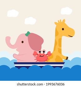 Animal concept. A giraffe and an elephant invite each other on a sea cruise to relax after a hard year's work They also come across cute red crabs in the sea