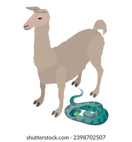 Animal concept icon isometric vector. White standing llama near big purple snake. Biological diversity concept